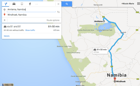 Map of the drive from Windhoek to Amilema
